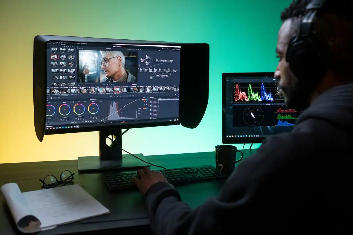 Colorist la monitor cu program de gradare, cu forme de undă lângă imaginea corectată